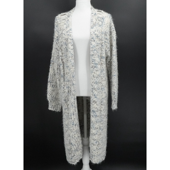 POL Sweaters - Pol Cardigan Womens Large White Blue Speckled Open Crochet‎ Duster Cozy Fuzzy